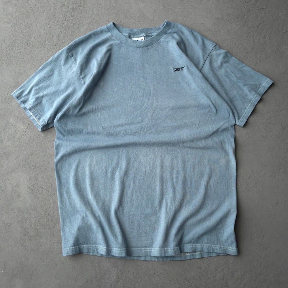 Vintage 90s Reebok T-shirt XL Blue Dyed Made in USA Embroidered Logo